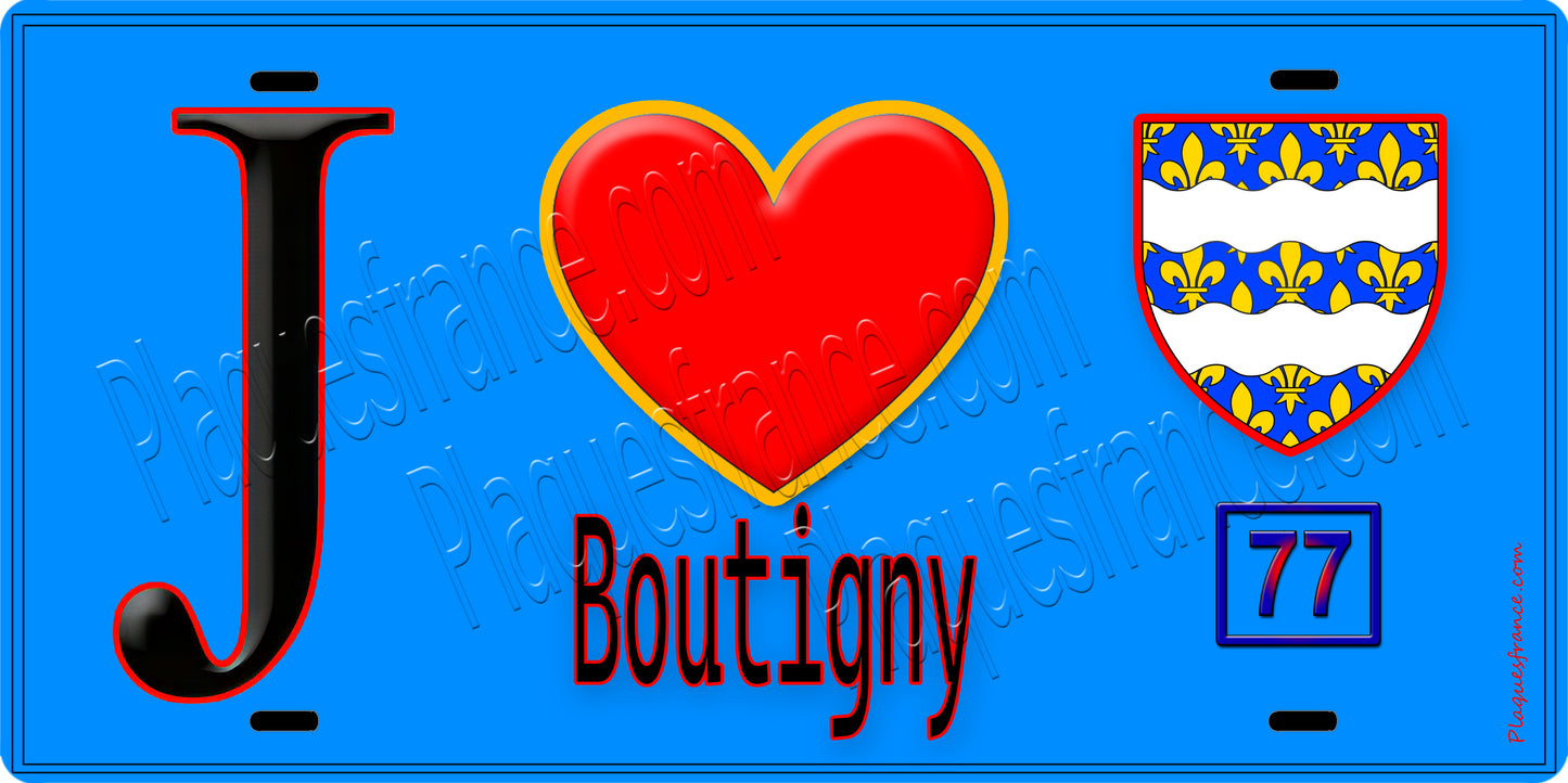 Plaque métal décorative J' ❤️Boutigny, Seine et Marne (77) fond bleu