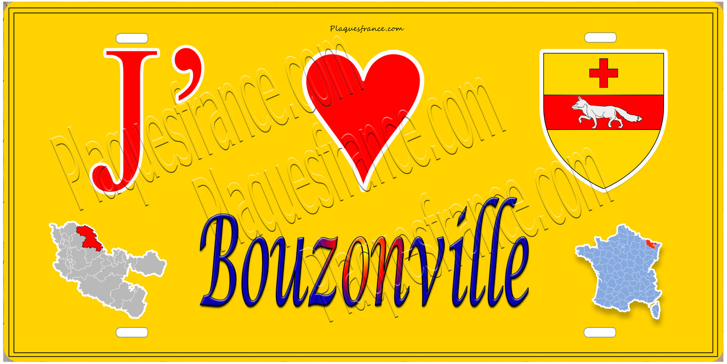 Plaque métal décorative 15 x 30 cm fond mur jaune carte J' ❤️Bouzonville, canton Bouzonville 57