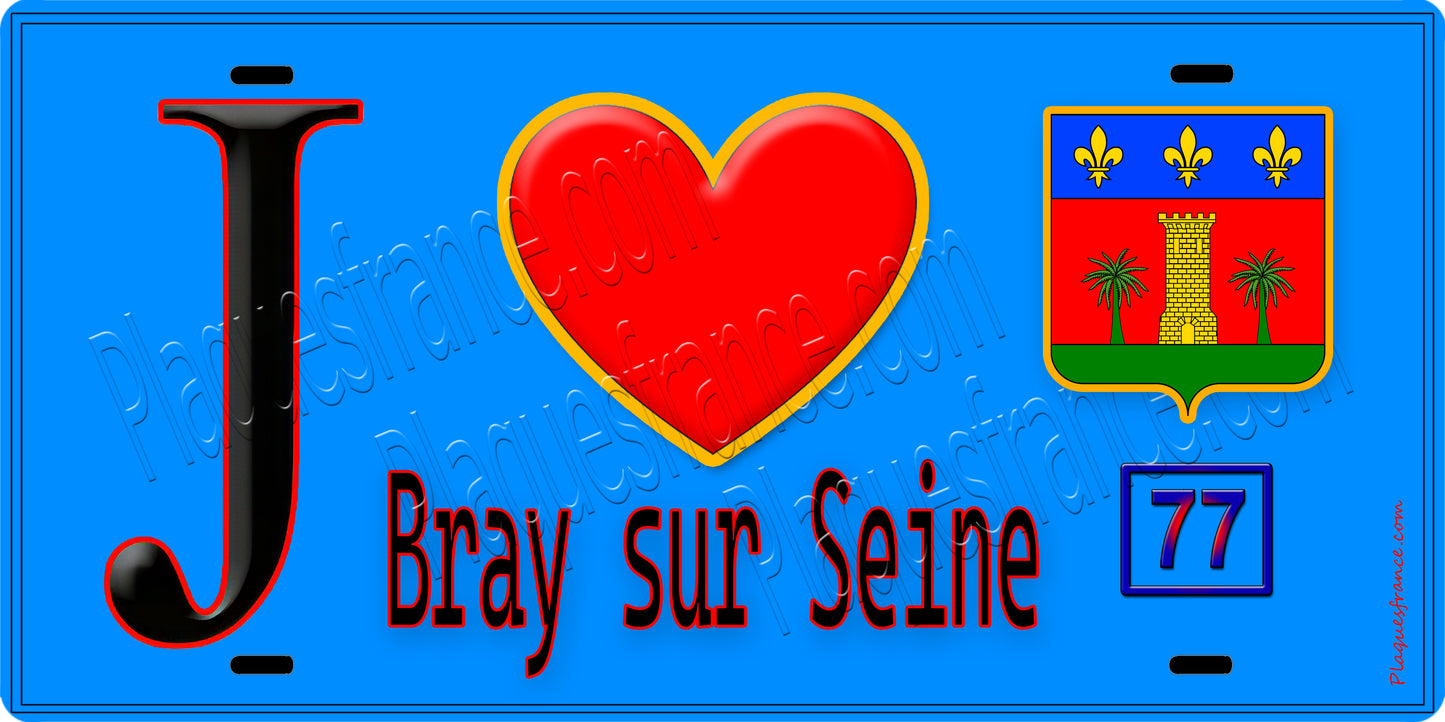 Plaque métal décorative J' ❤️Bray-sur-Seine, Seine et Marne (77) fond bleu