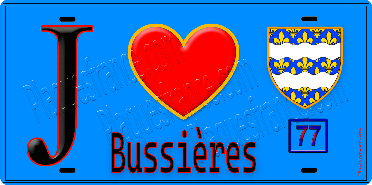 Plaque métal décorative J' ❤️Bussières, Seine et Marne (77) fond bleu