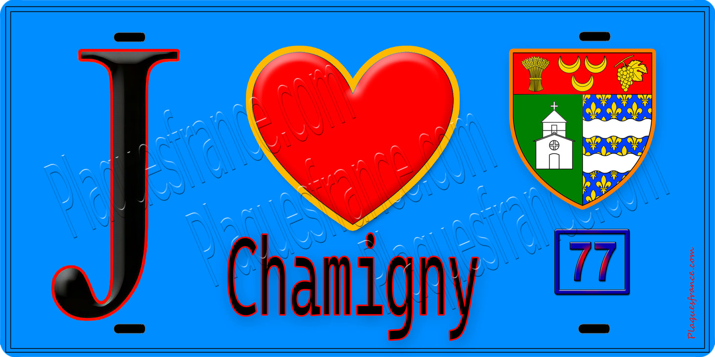 Plaque métal décorative J' ❤️Chamigny, Seine et Marne (77) fond bleu