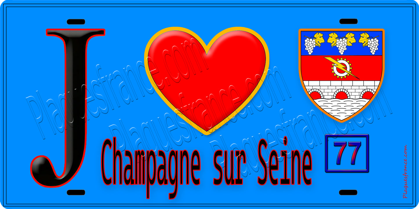 Plaque métal décorative J' ❤️Champagne-sur-Seine, Seine et Marne (77) fond bleu