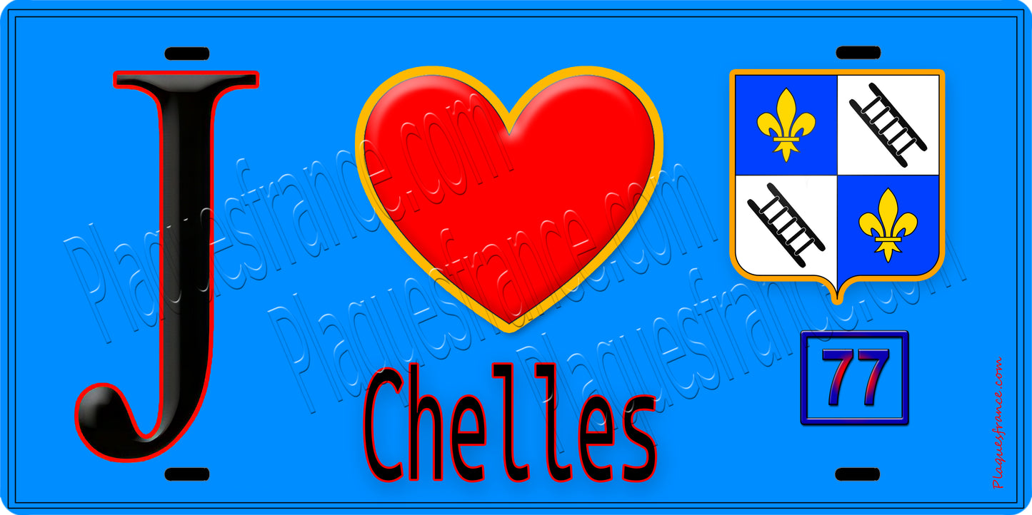 Plaque métal décorative J' ❤️Chelles, Seine et Marne (77) fond bleu