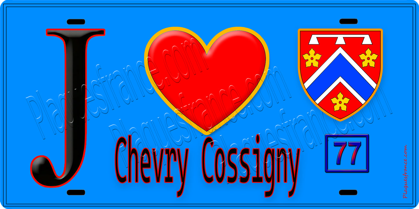 Plaque métal décorative J' ❤️Chevry-Cossigny, Seine et Marne (77) fond bleu