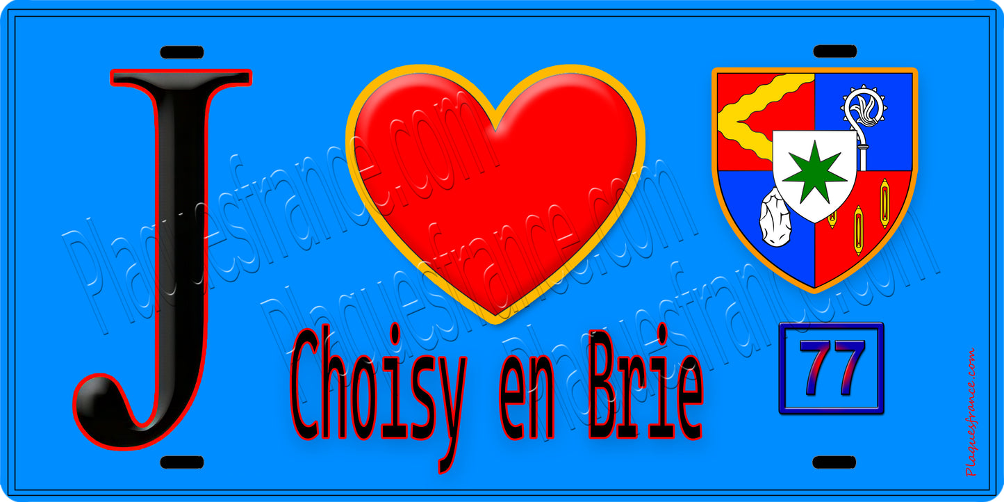 Plaque métal décorative J' ❤️Choisy-en-Brie, Seine et Marne (77) fond bleu