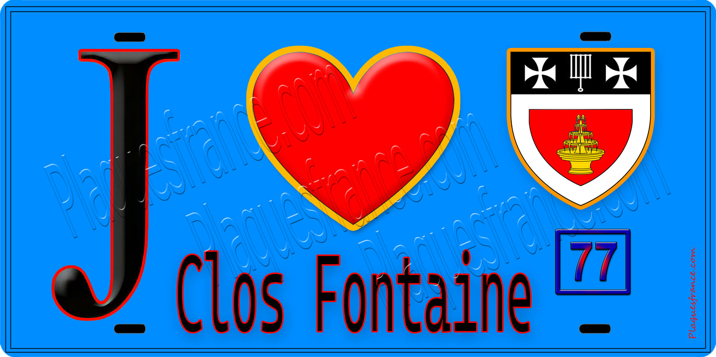 Plaque métal décorative J' ❤️Clos-Fontaine, Seine et Marne (77) fond bleu