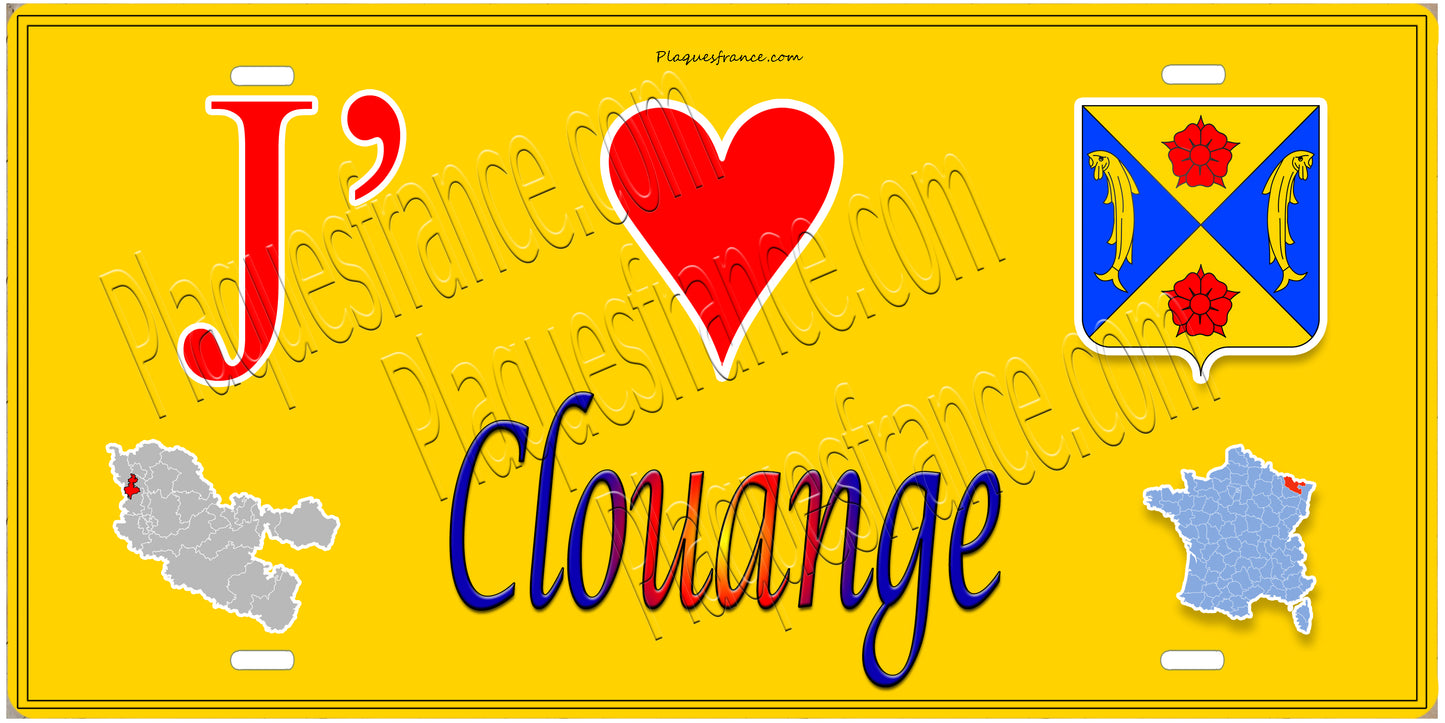 Plaque métal décorative 15 x 30 cm fond mur jaune carte J' ❤️Clouange , canton d'Hayange 57