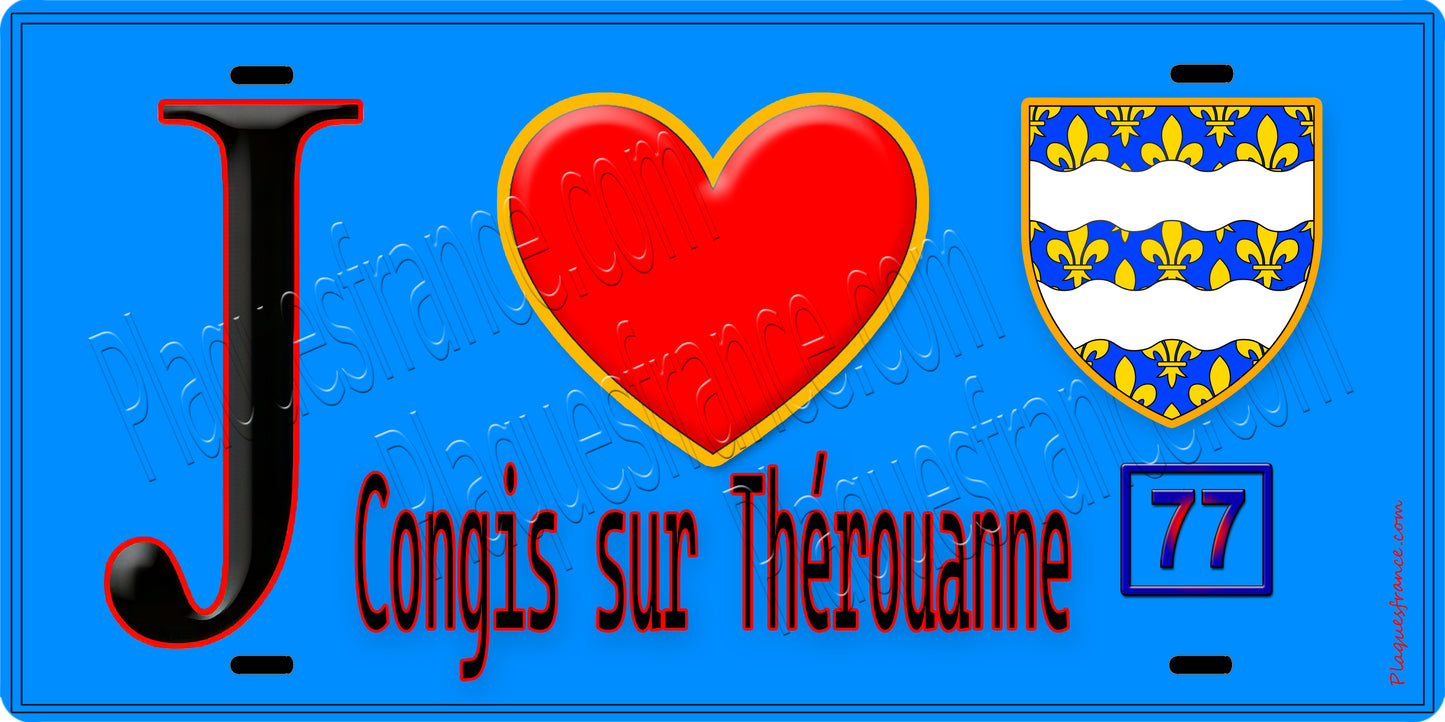 Plaque métal décorative J' ❤️Congis-sur-Thérouanne, Seine et Marne (77) fond bleu