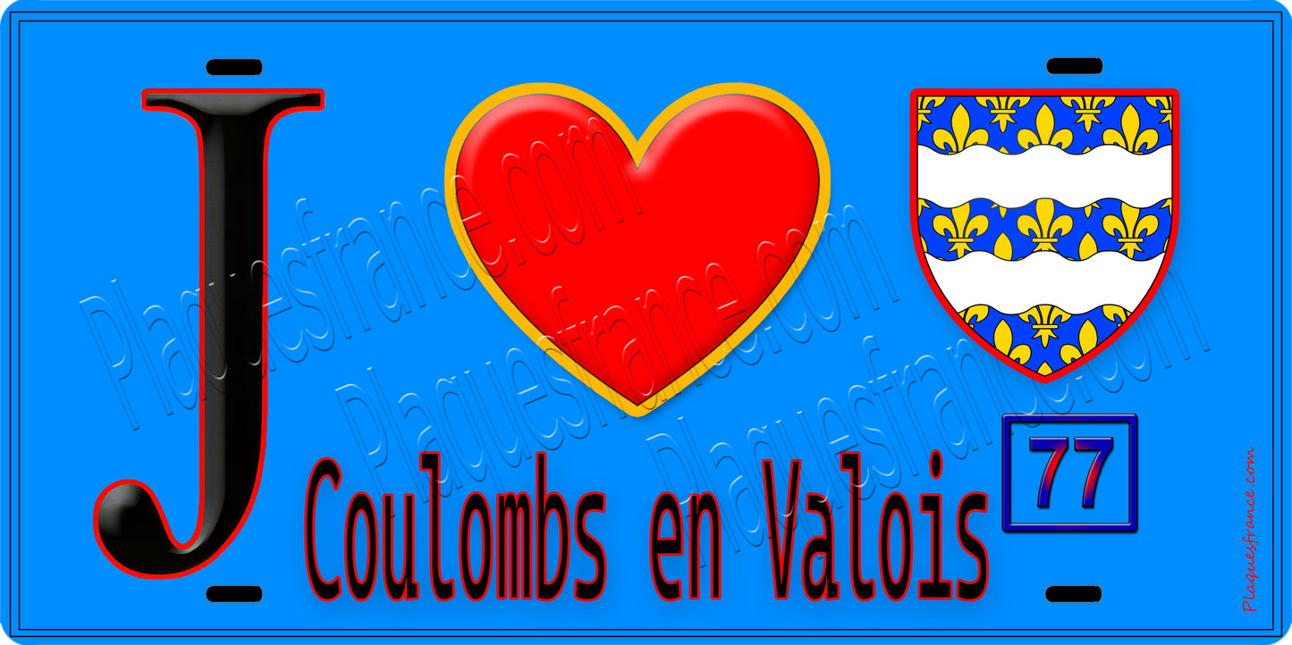 Plaque métal décorative J' ❤️Coulombs-en-Valois, Seine et Marne (77) fond bleu