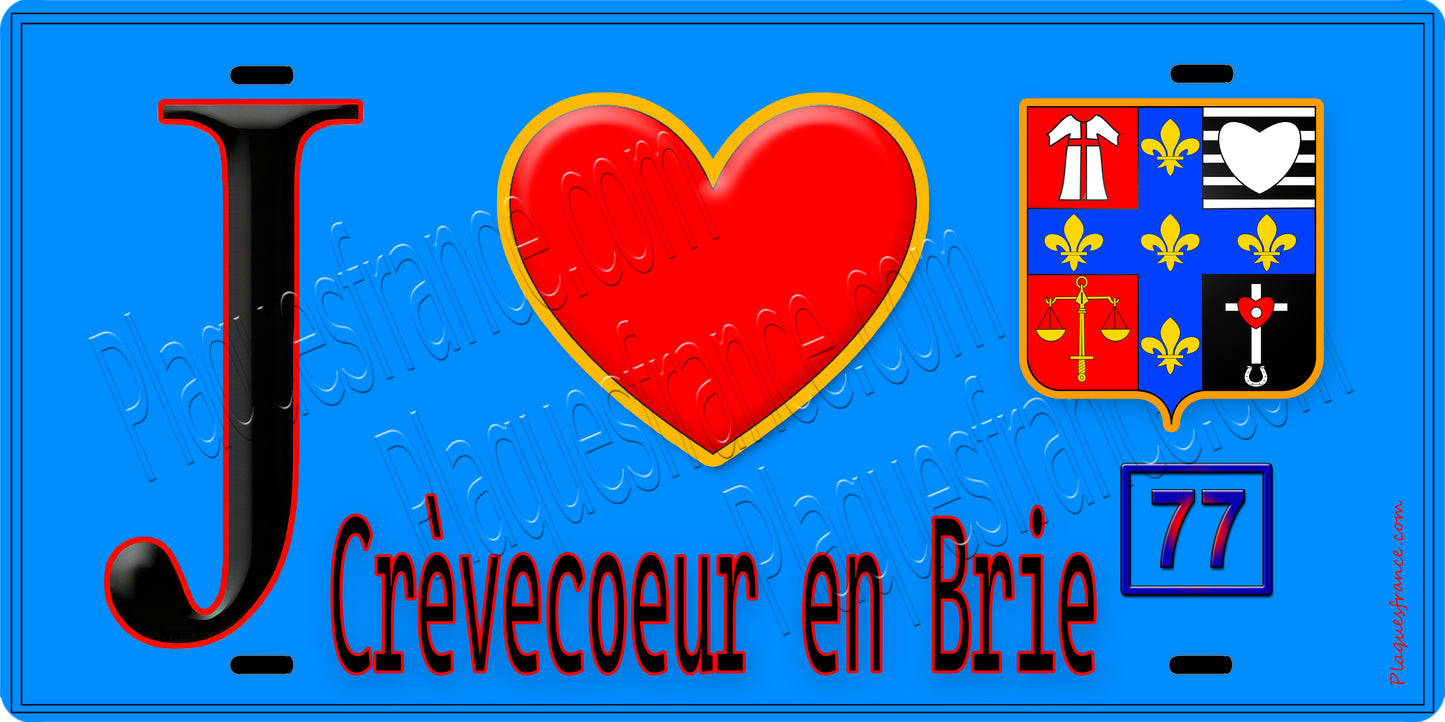 Plaque métal décorative J' ❤️Crèvecœur-en-Brie, Seine et Marne (77) fond bleu