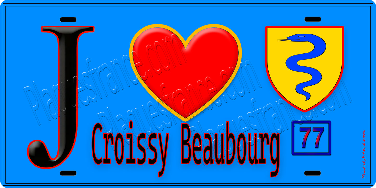Plaque métal décorative J' ❤️Croissy-Beaubourg, Seine et Marne (77) fond bleu