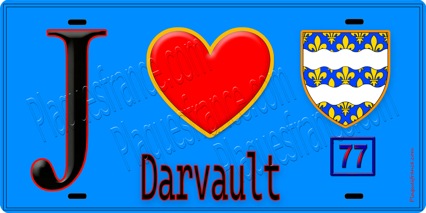Plaque métal décorative J' ❤️Darvault, Seine et Marne (77) fond bleu