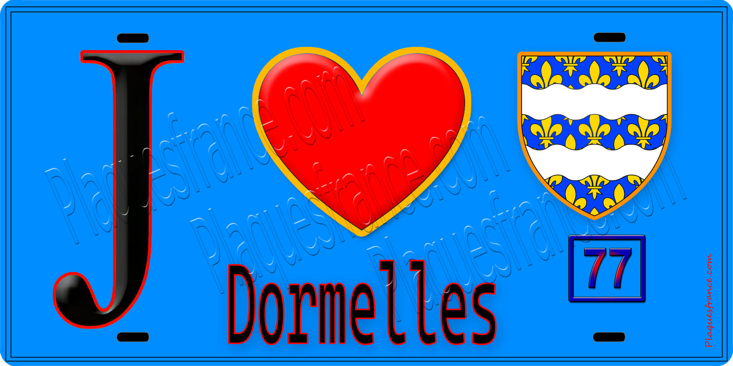 Plaque métal décorative J' ❤️Dormelles, Seine et Marne (77) fond bleu