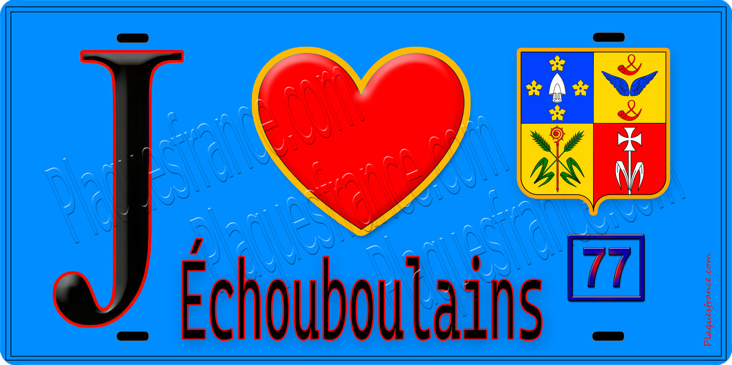 Plaque métal décorative J' ❤️Échouboulains, Seine et Marne (77) fond bleu
