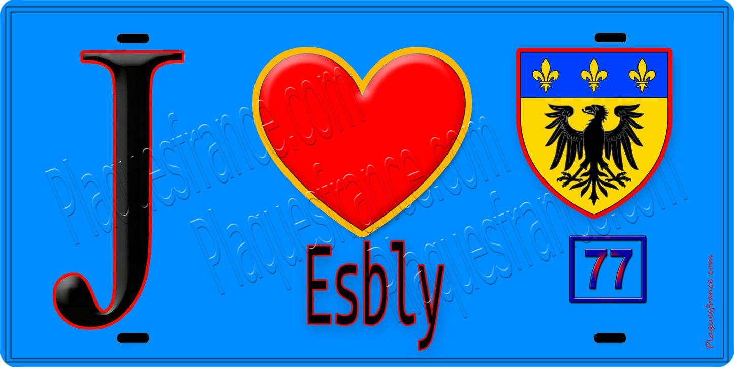 Plaque métal décorative J' ❤️Esbly, Seine et Marne (77) fond bleu