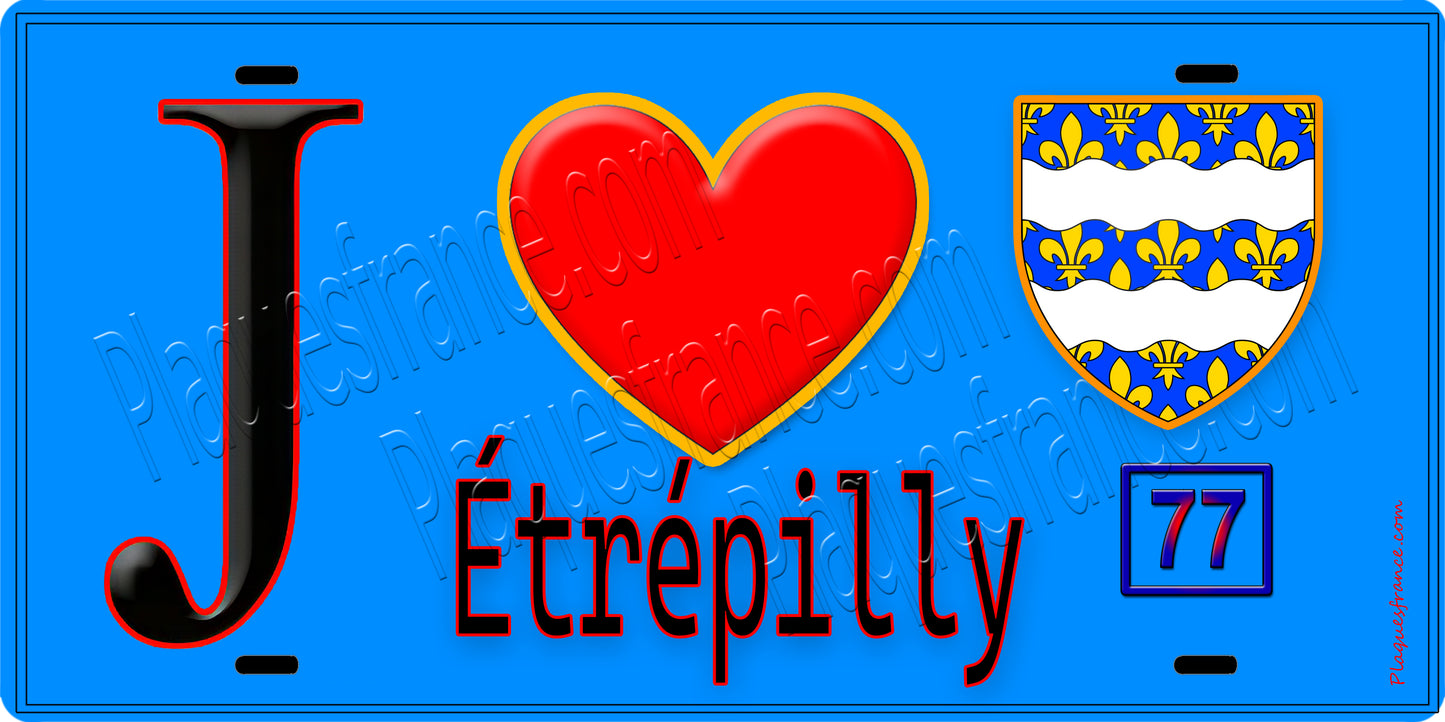 Plaque métal décorative J' ❤️Étrépilly, Seine et Marne (77) fond carte