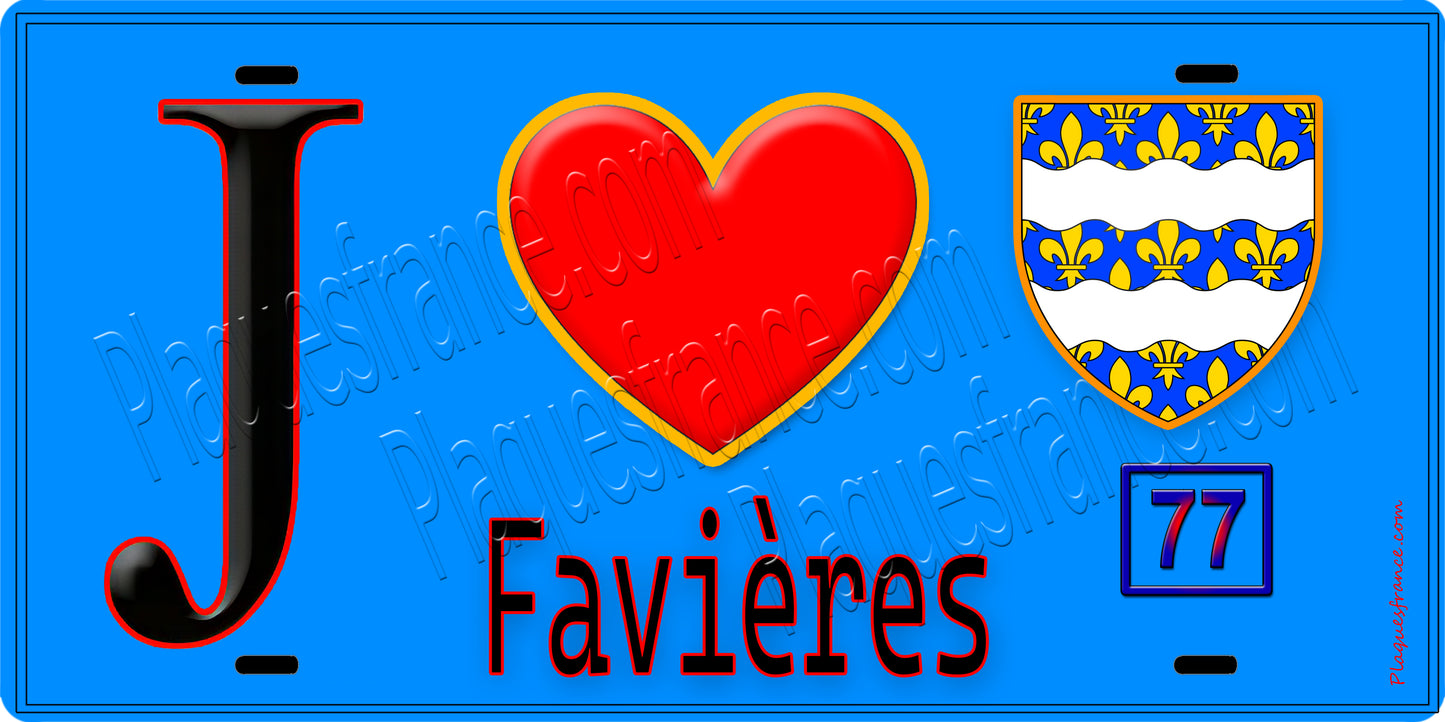 Plaque métal décorative J' ❤️Favières, Seine et Marne (77) fond bleu