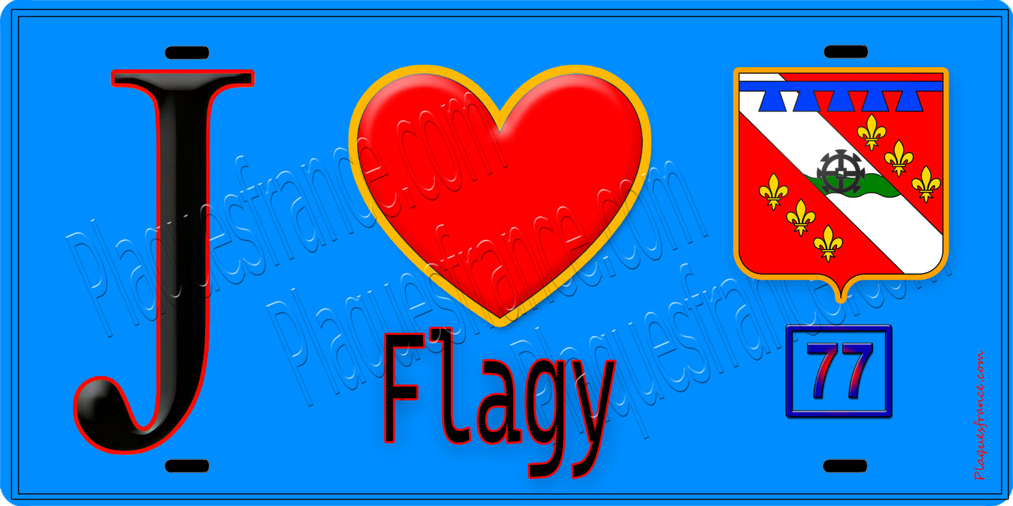 Plaque métal décorative J' ❤️Flagy, Seine et Marne (77) fond bleu