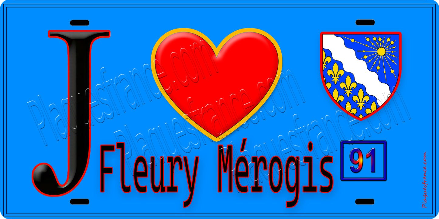 Plaque métal décorative J' ❤️Fleury-Mérogis, Essonne (91) fond bleu