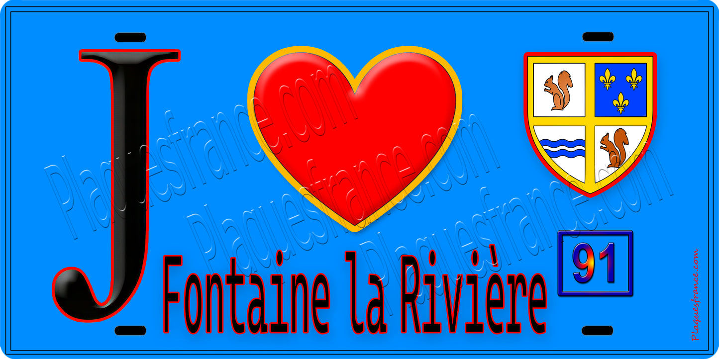 Plaque métal décorative J' ❤️Fontaine-la-Rivière, Essonne (91) fond bleu