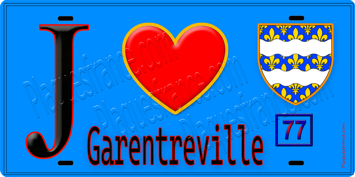 Plaque métal décorative J' ❤️Garentreville, Seine et Marne (77) fond bleu