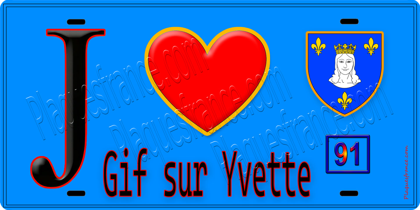 Plaque métal décorative J' ❤️Gif-sur-Yvette, Essonne (91) fond bleu
