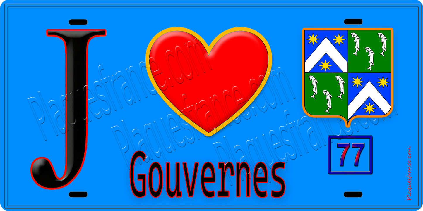 Plaque métal décorative J' ❤️Gouvernes, Seine et Marne (77) fond bleu