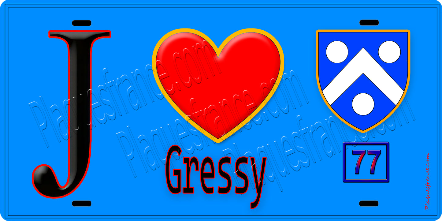 Plaque métal décorative J' ❤️Gressy, Seine et Marne (77) fond bleu