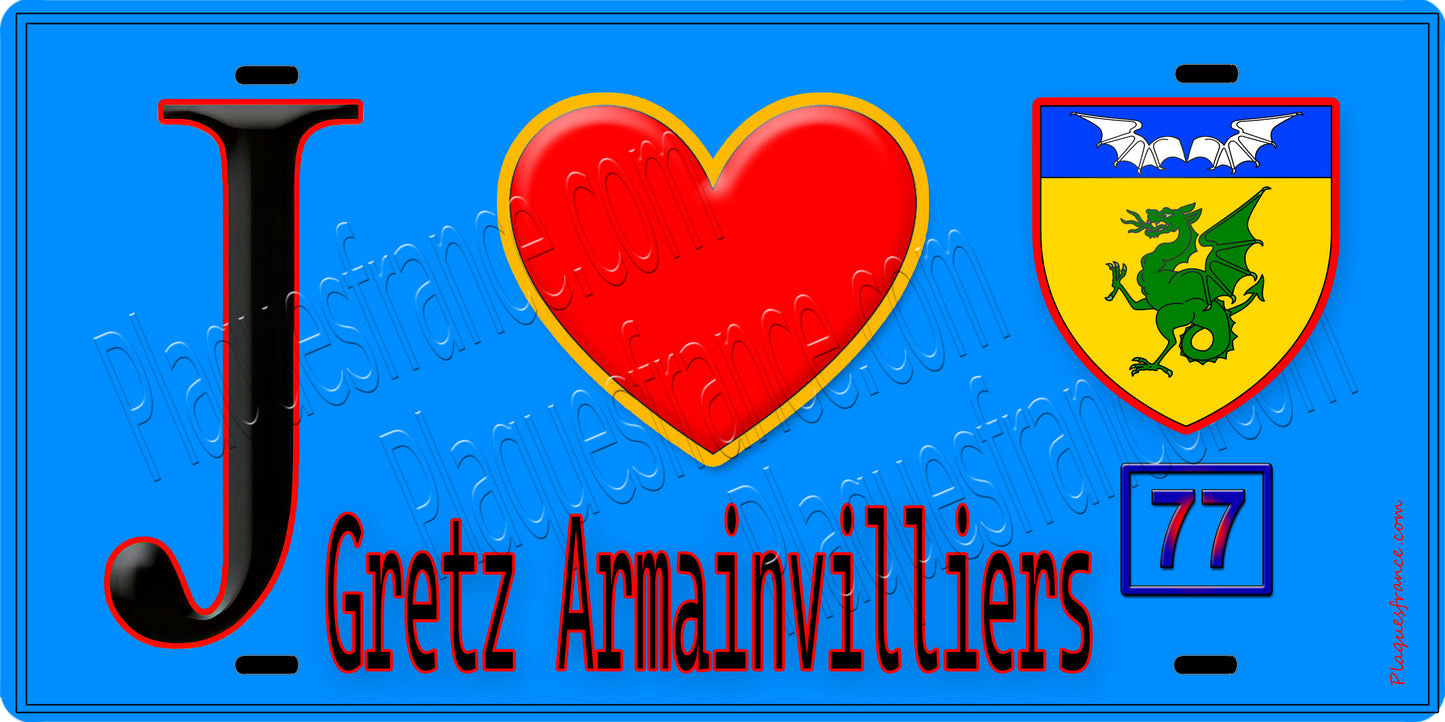 Plaque métal décorative J' ❤️Gretz-Armainvilliers, Seine et Marne (77) fond bleu