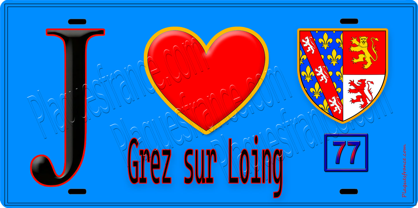 Plaque métal décorative J' ❤️Grez-sur-Loing, Seine et Marne (77) fond bleu