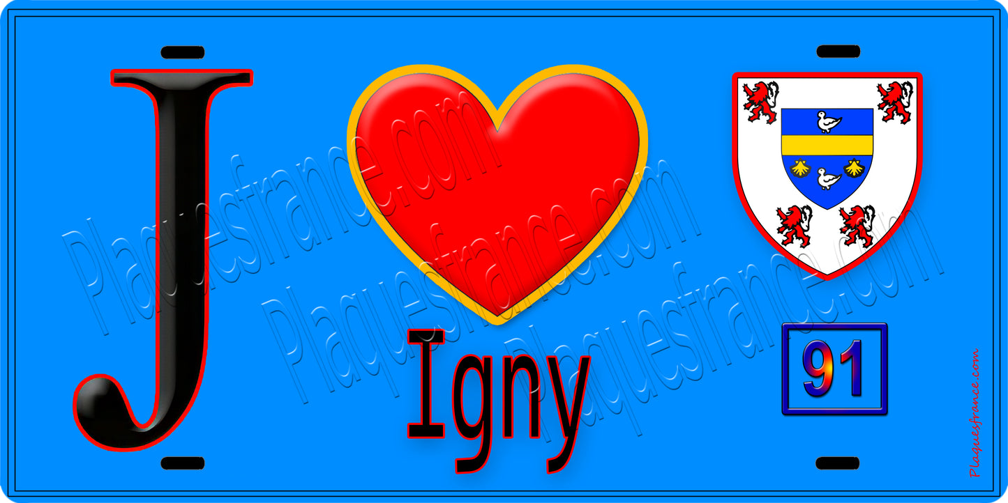 Plaque métal décorative J' ❤️Igny, Essonne (91) fond bleu