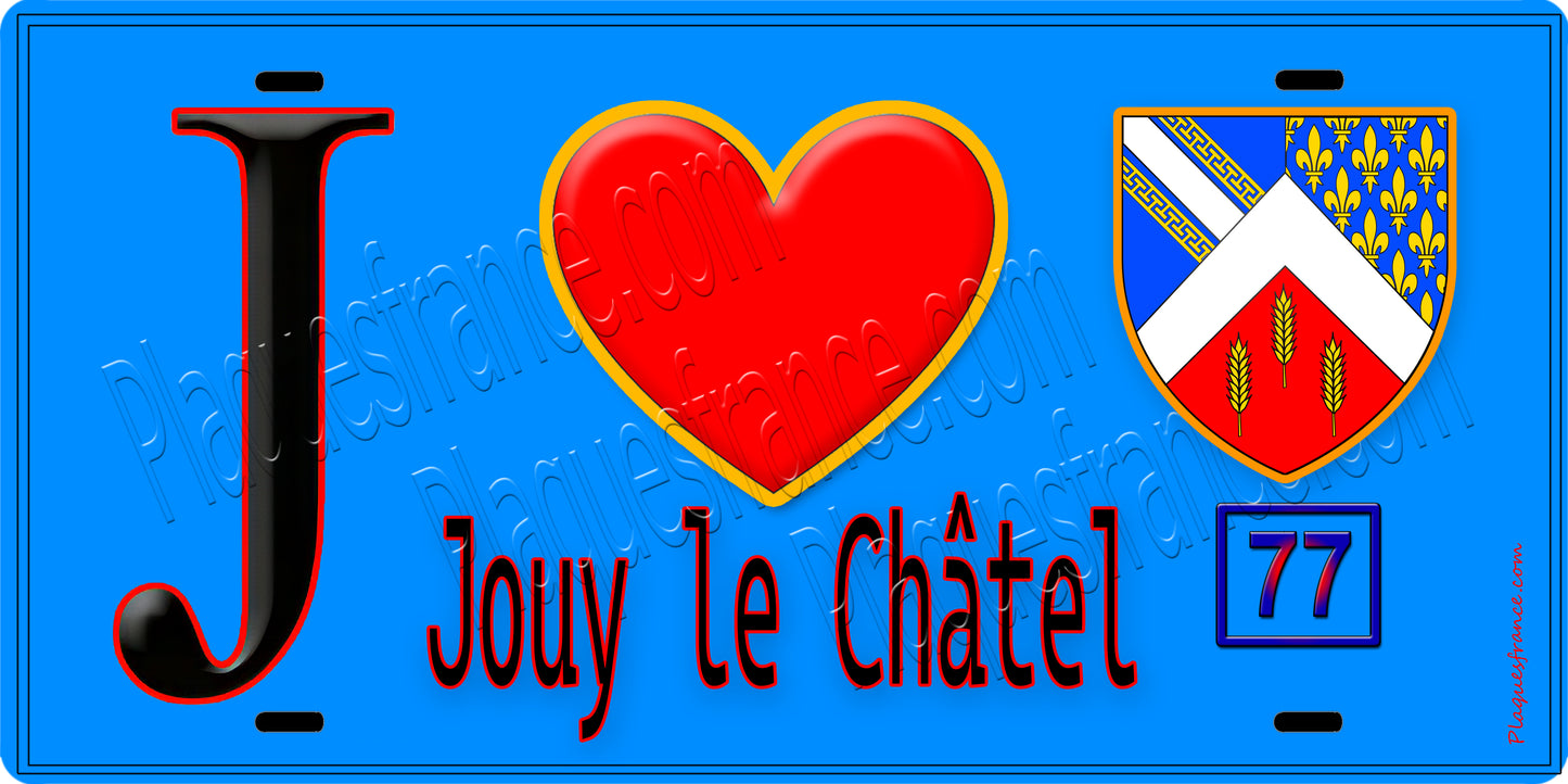Plaque métal décorative J' ❤️Jouy-le-Châtel, Seine et Marne (77) fond bleu