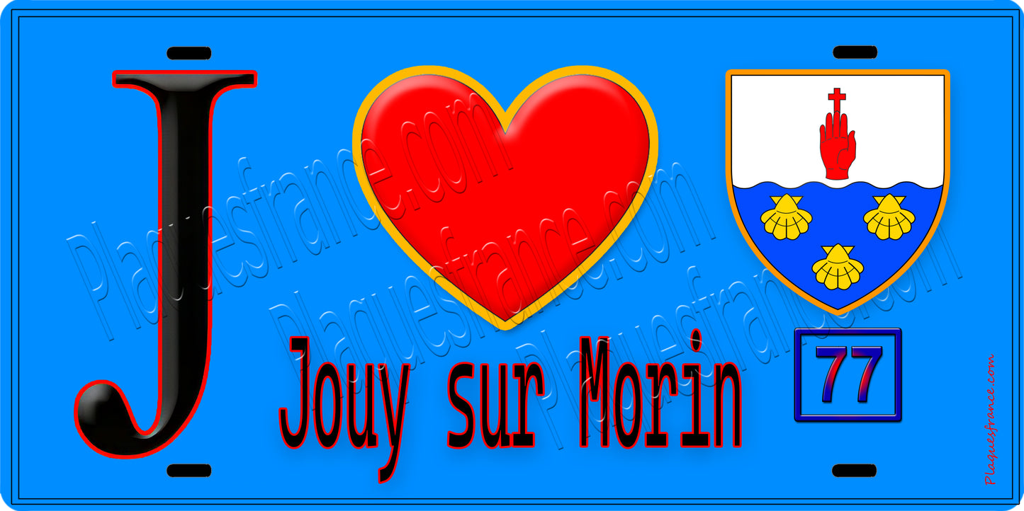 Plaque métal décorative J' ❤️Jouy-sur-Morin, Seine et Marne (77) fond bleu