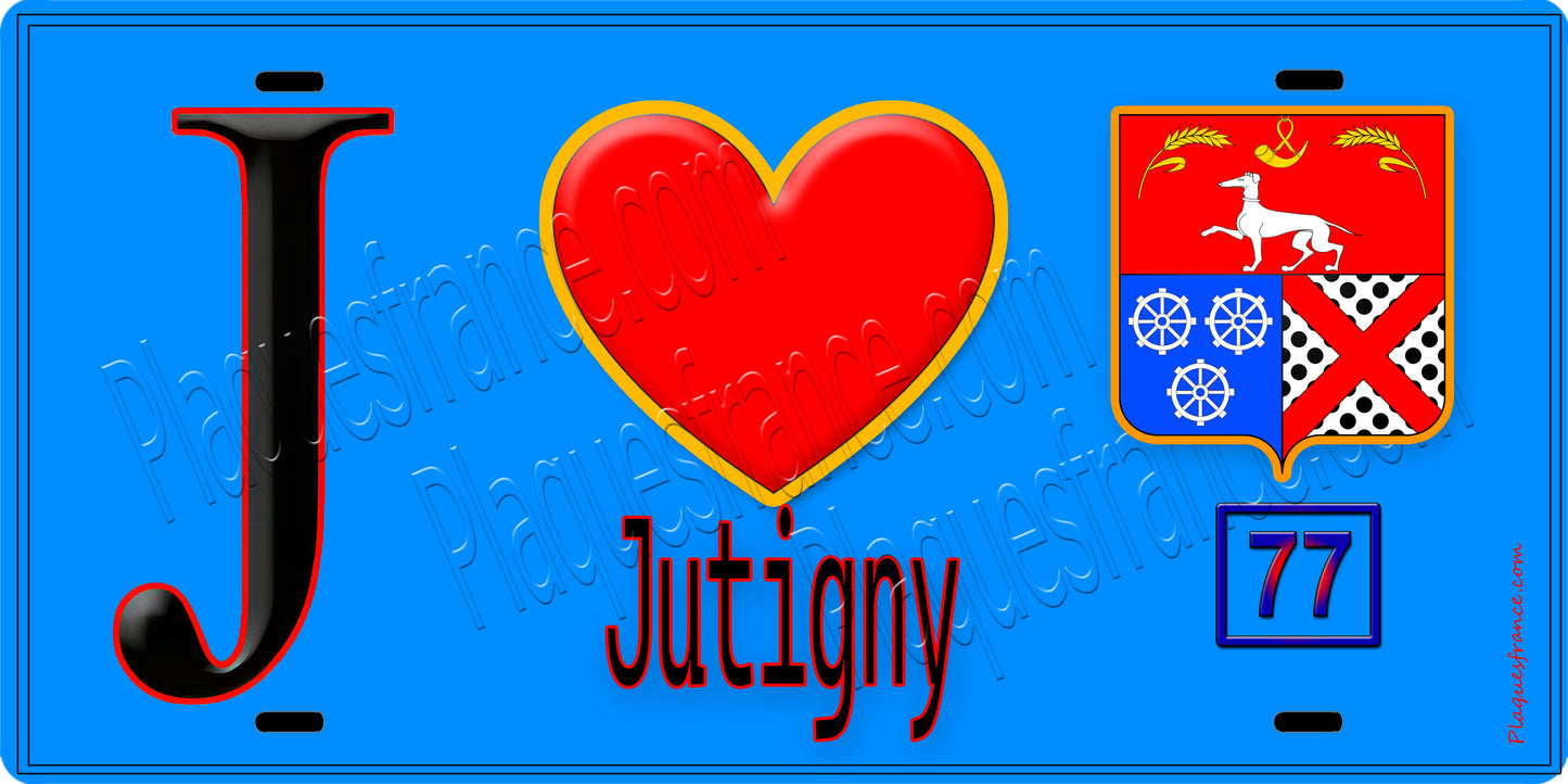 Plaque métal décorative J' ❤️Jutigny, Seine et Marne (77) fond bleu