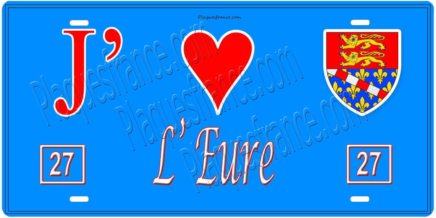 Plaque métal décorative, J' ❤️L'Eure, région Normandie, France