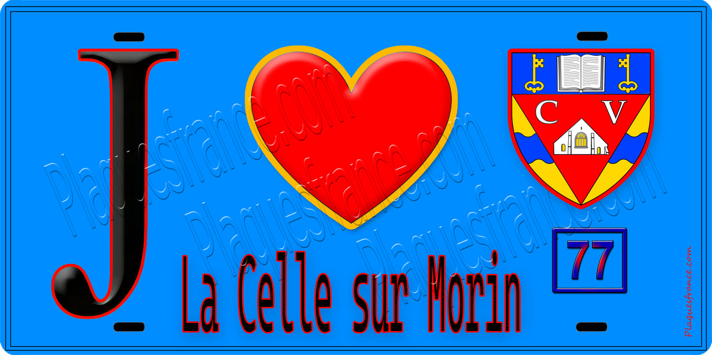 Plaque métal décorative J' ❤️La Celle-sur-Morin, Seine et Marne (77) fond bleu