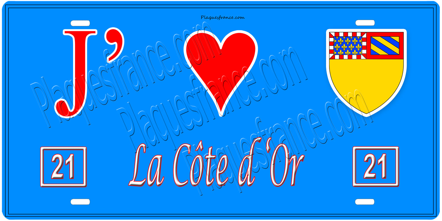 Plaque métal décorative, J' ❤️La Côte d'Or(21), Bourgogne‑Franche‑Comté