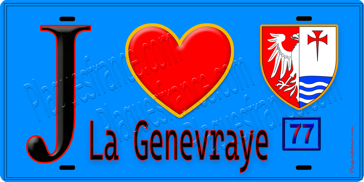 Plaque métal décorative J' ❤️La Genevraye, Seine et Marne (77) fond bleu