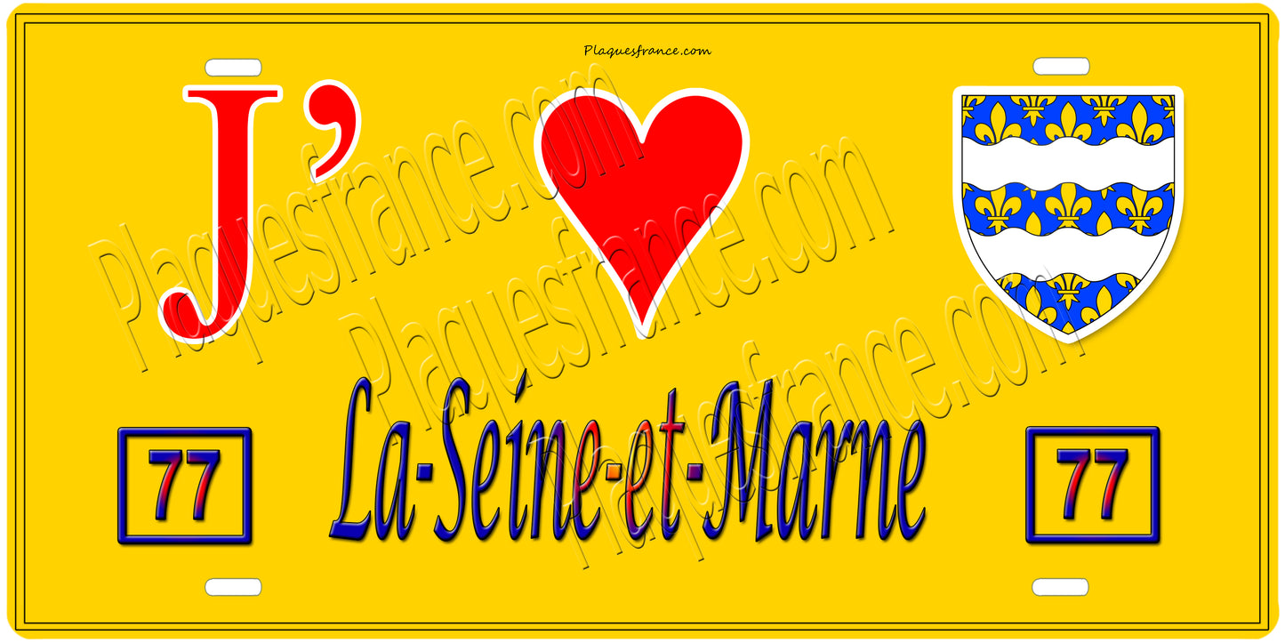 Plaque métal décorative, J' ❤️La Seine et Marne (77) région Ile de France jaune