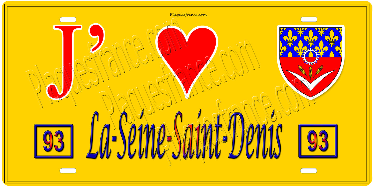 Plaque métal décorative J' ❤️ La Seine Saint Denis (93) fond jaune