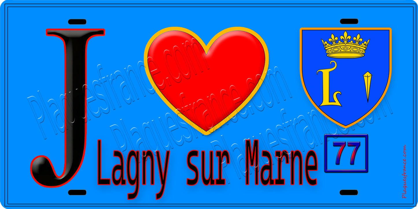 Plaque métal décorative J' ❤️Lagny-sur-Marne, Seine et Marne (77) fond bleu