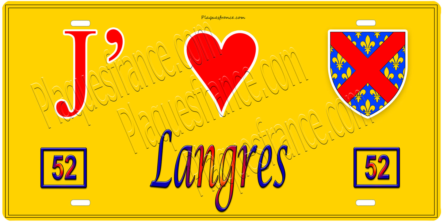 Plaque métal décorative, J' ❤️Langres, Haute Marne, fond mur bleu 52