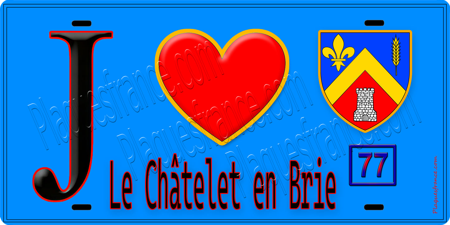 Plaque métal décorative J' ❤️Le Châtelet-en-Brie, Seine et Marne (77) fond bleu
