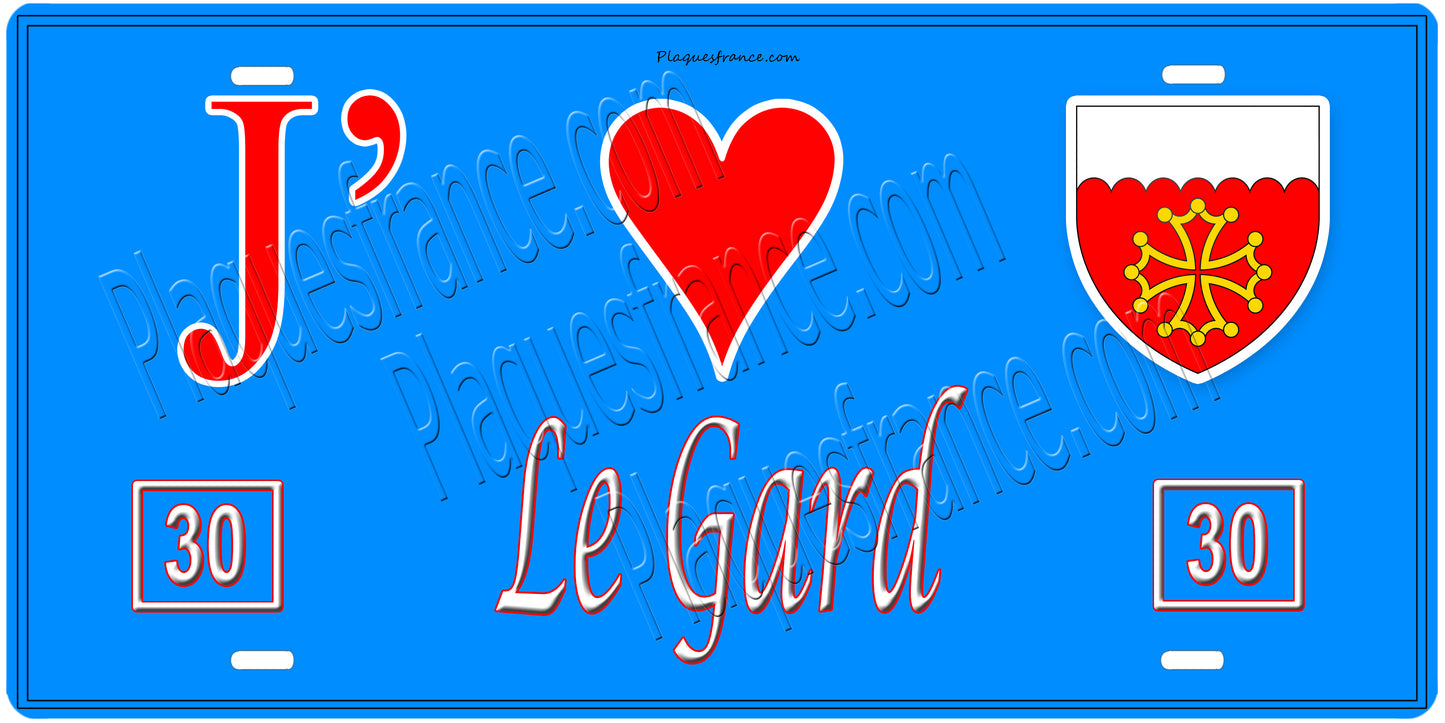 Plaque métal décorative, J' ❤️Le Gard, région Occitanie fond mur bleu 30