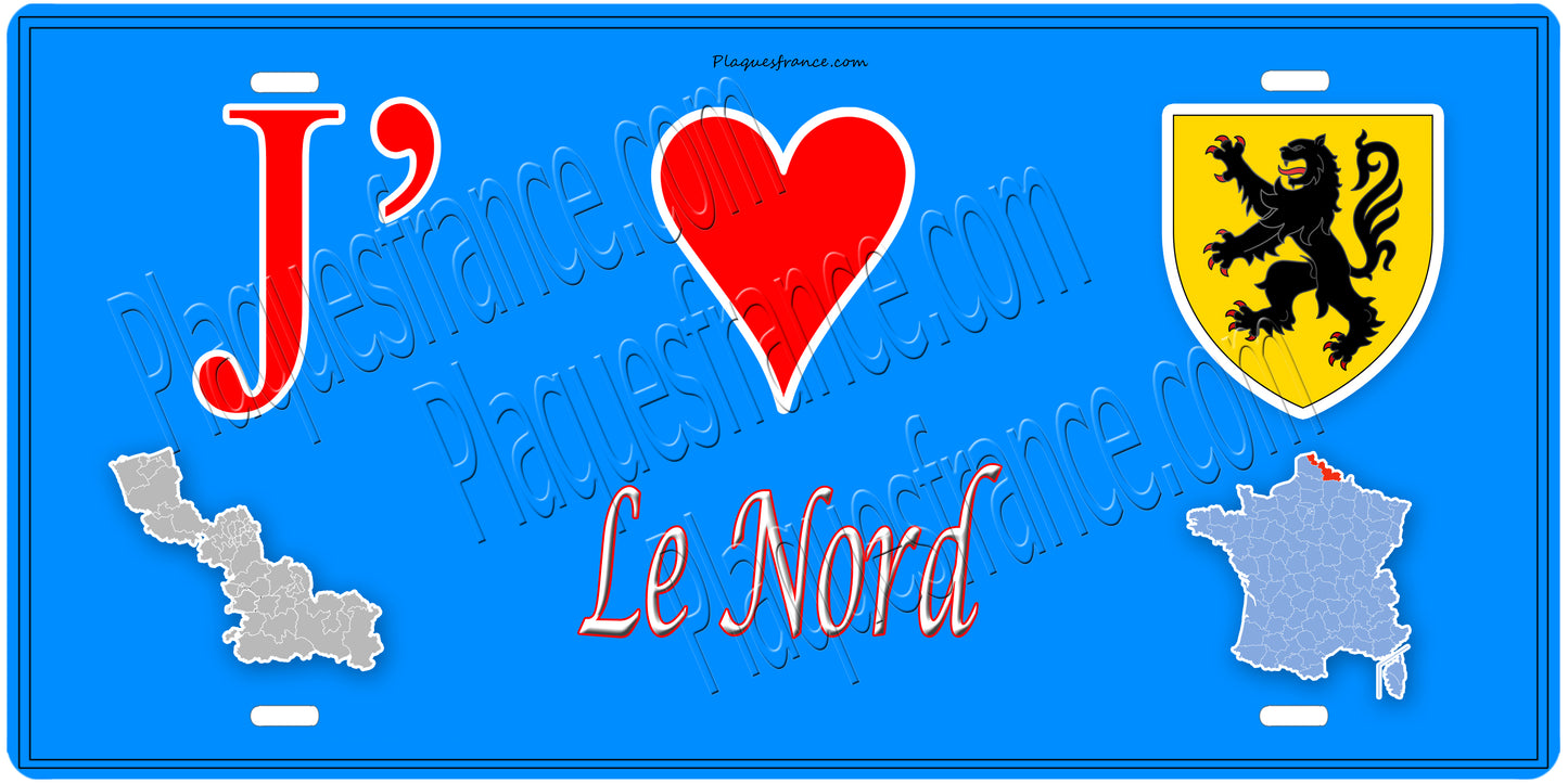 Plaque métal décorative, J' ❤️le Nord (59)