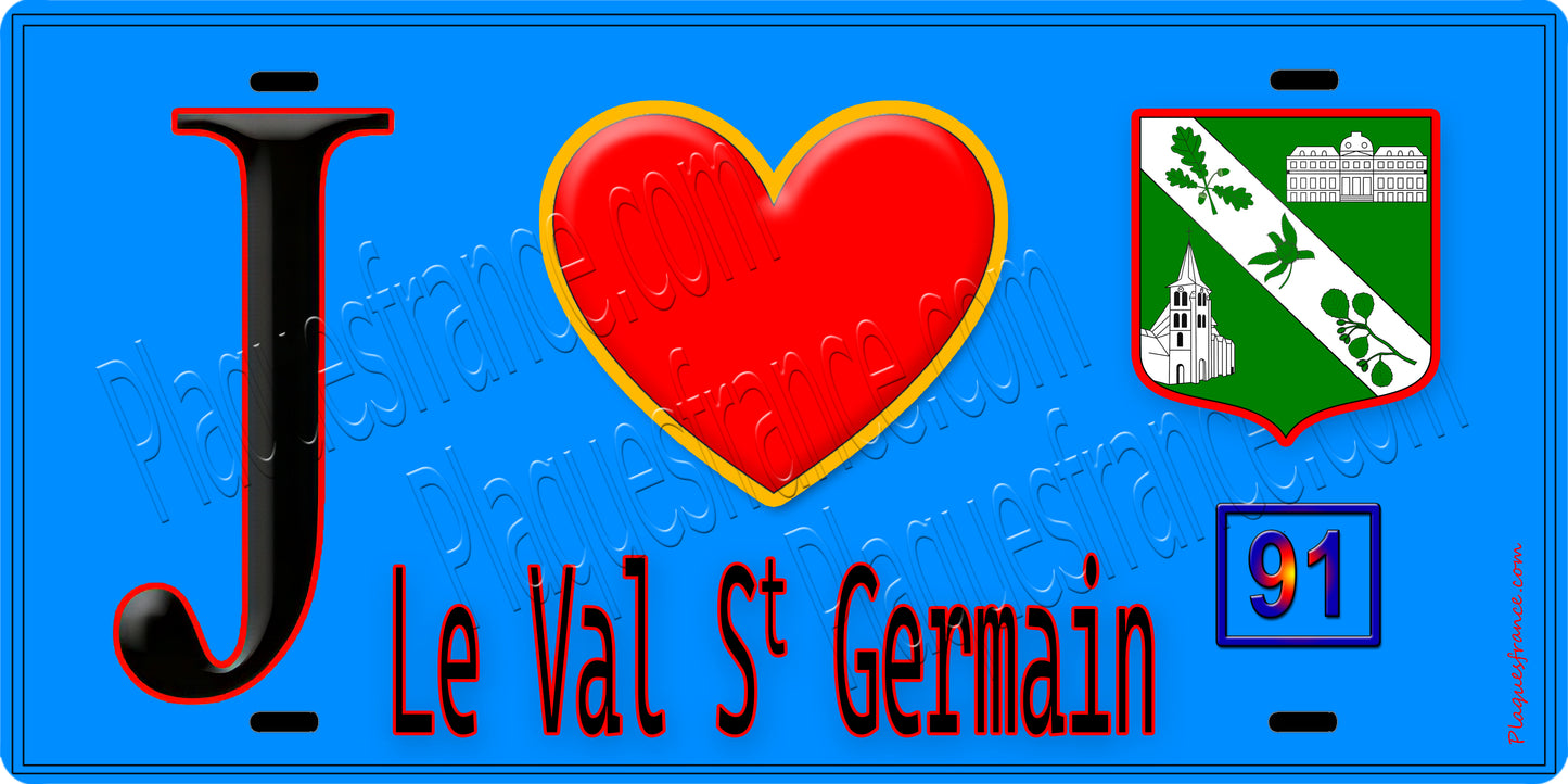 Plaque métal décorative J' ❤️Le Val-Saint-Germain, Essonne (91) fond bleu