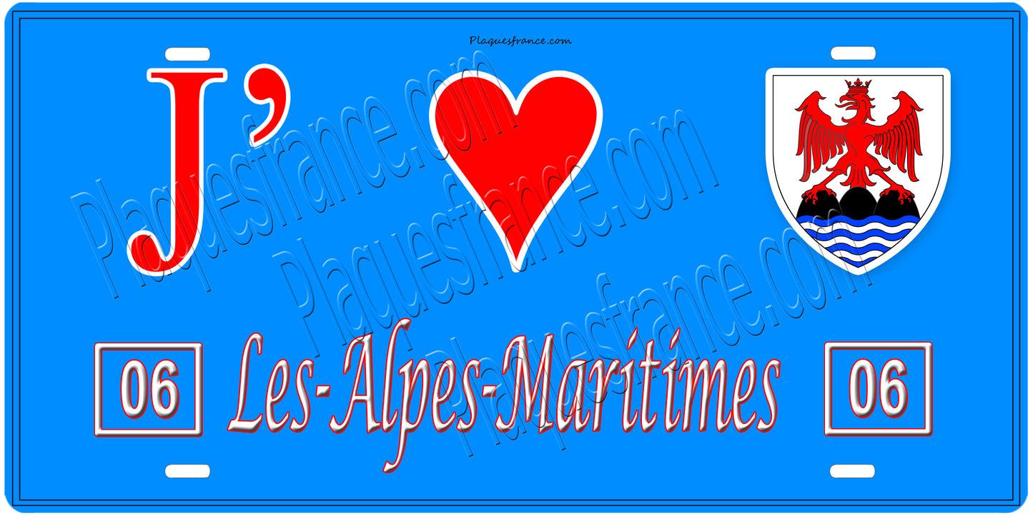 Plaque métal décorative, J' ❤️Les Alpes Maritimes, région Provence, Alpes, Côte d'Azur