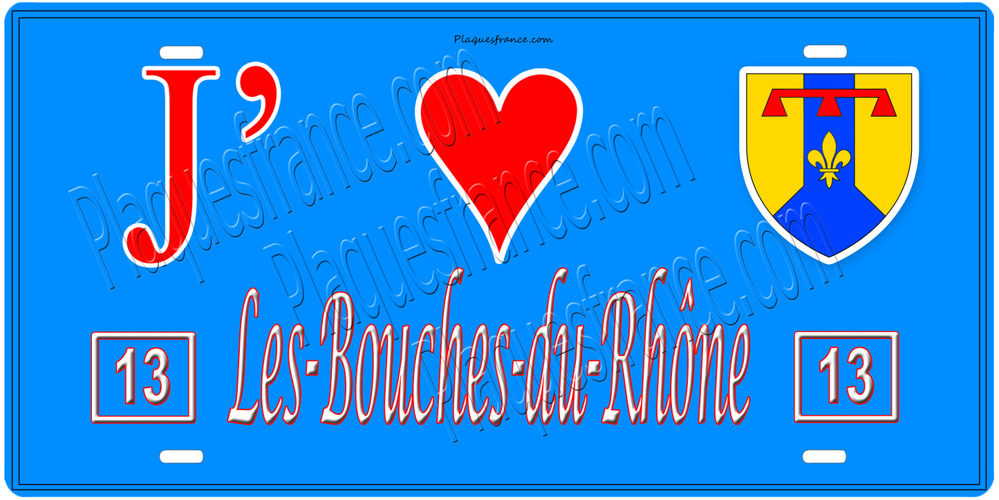 Plaque métal décorative, J' ❤️Les Bouches du Rhône, région Alpes Provence Côte d'Azur mur bleu 13