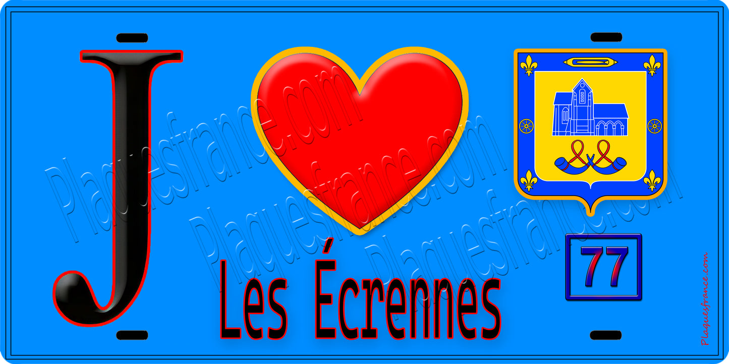 Plaque métal décorative J' ❤️Les Écrennes, Seine et Marne (77) fond bleu
