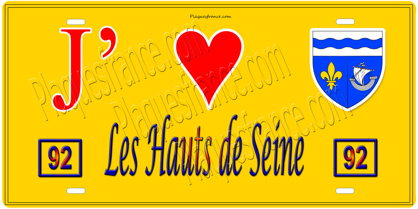 Plaque métal décorative, J' ❤️Les Hauts de Seine (92) région Ile de France jaune